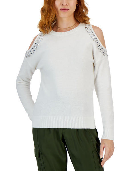 INC International Concepts Womens Jewel Studded Cold Shoulder Sweater